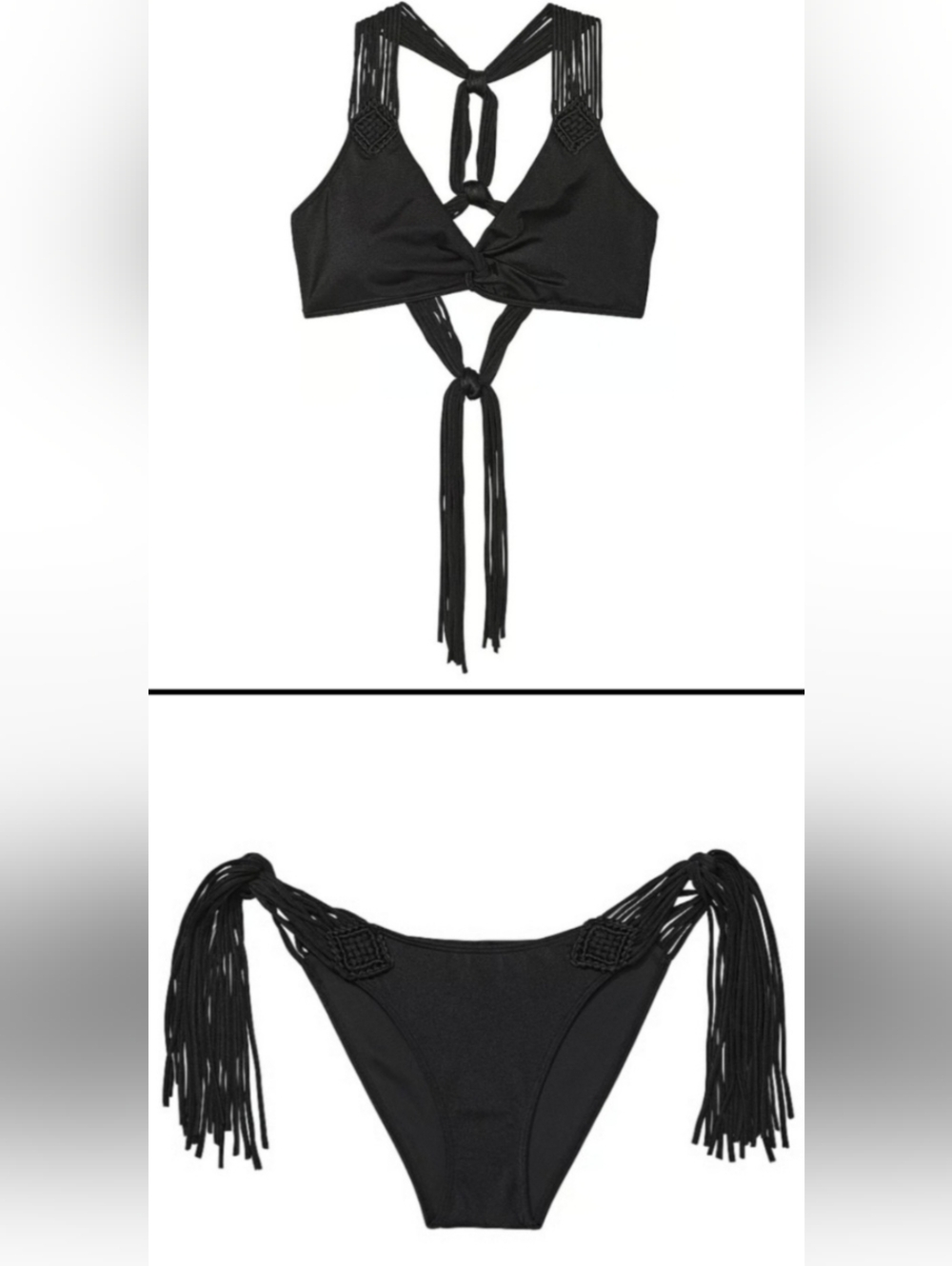XXL VS Archives Swim Macrame Fringe Bralette Cheeky Bikini Set Black Tropical